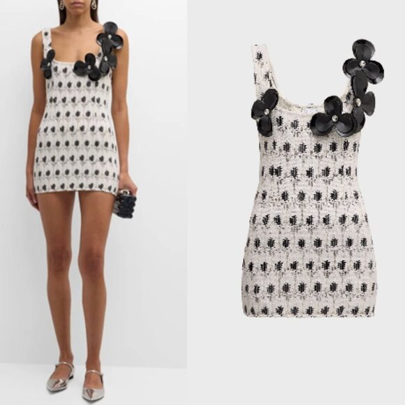 Area NYC Eye Crochet-Knit Crystal Flower-Applique Mini Tank Dress Large - Picture 1 of 6